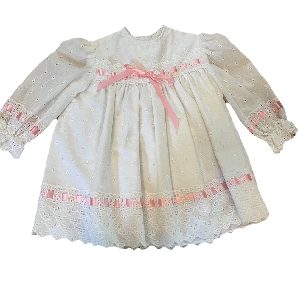 Vintage little girls white eyelet lace dress size 3T pink ribbon party 1970s